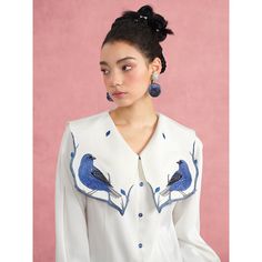 Blue bird embroidery blouse – remulia Long Sleeve Tops With Embroidered Cuffs For Work, Collared Tops With Embroidered Cuffs For Work, Embroidered Cuffs Blouse For Workwear, Elegant Blouse With Embroidered Cuffs, Workwear Blouse With Embroidered Cuffs, Fitted Floral Embroidery Shirt For Workwear, Fitted Embroidered Shirt For Work, Fitted Long Sleeve Shirt With Embroidered Cuffs, Elegant Long Sleeve Embroidered Shirt