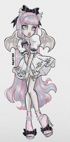 a drawing of a girl with pink and blue hair wearing high heeled shoes, holding a