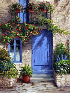 a painting of a blue door surrounded by potted plants and flowers on the side of a stone building