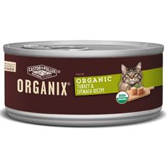 an open can of organix cat food with chicken and carrots in gravy