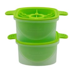 two green plastic bowls with handles and lids