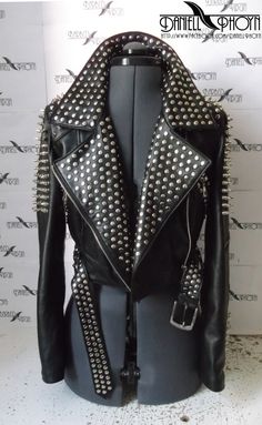 Short leather jacket with lots of short spikes and studs. Sheepskin. Two external pockets. Spike Jacket, Goth Skirt, Short Leather Jacket, Goth Guys, Studded Leather Jacket, Studded Jacket, Camo Jacket, Metal Accessories, Genuine Leather Jackets