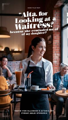 a woman holding a tray with food on it in front of people sitting at tables