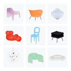 six different types of chairs are shown in the same color scheme, each with their own unique shapes