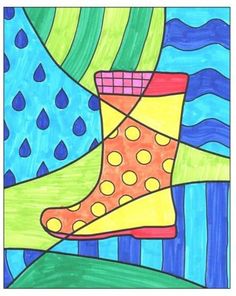 a drawing of a boot with raindrops on it and water drops in the background