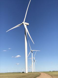 several windmills stand in the middle of a field with dirt road leading to them