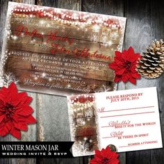 the wedding stationery is decorated with red poinsettis and pineconis