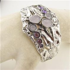 Hadar Jewelry Israel Handmade Artistic Silver Rose Q Amethyst Bracelet Silver Cuff Bracelets, Garnet Ring Silver, Sterling Silver Garnet Ring, Cuff Bracelets Handmade, Amethyst Stones, Wide Cuff Bracelets, Silver Work, Cz Earrings, Amethyst Bracelet