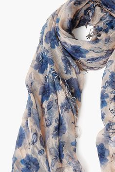 Featuring a light blue French floral print, this essential cashmere scarf is crafted from our signature handmade scarves. It's soft and lightweight yet incredibly warm, perfect for year-round wear. Features decorative fringe trim along the edges. 70% Cashmere, 30% Silk. 58" x 62" Woven in Inner Mongolia. Blue French, French Floral, Inner Mongolia, Bandana Hairstyles, Fringe Scarf, Chan Luu, Lovely Clothes, Floral Scarf, Fringe Trim