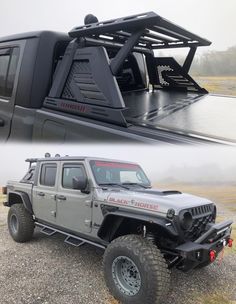 the jeep is parked on the side of the road next to the truck with its roof open