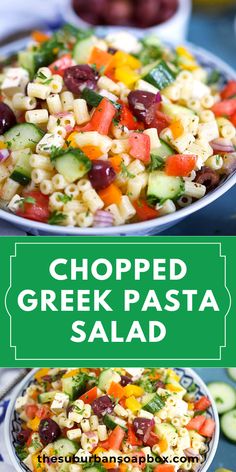 chopped greek pasta salad with cucumbers and olives