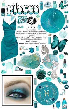 a collage of blue and green items with the words piscs on them