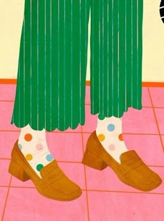 a painting of a person wearing green pants and polka dot socks