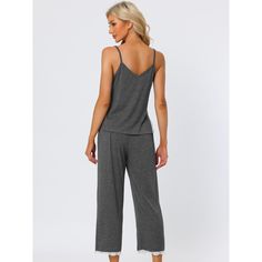 Modal pajama sets are the perfect combination of comfort and style. These sets typically include a cami top paired with capri pants. The material is soft and breathable, ensures that the pajama sets are gentle and soothing on the skin, making them perfect for a peaceful night's sleep. The lace adds a feminine touch to the sets, making them perfect for women who want to feel comfortable but also look pretty while they sleep. The elastic waistband of the pajama sets ensures the pants fit snugly ar Casual Sleeveless Sleepwear Sets, Casual Sleeveless Lounging Sets, Casual Sleeveless Loungewear Sets, Casual Sleeveless Sleepover Sets, Casual Sleeveless Camisole For Loungewear, Solid Color Cami Tank Top For Loungewear, Casual Sleeveless Camisole For Relaxation, Casual Sleeveless Sleepwear For Loungewear, Casual Camisole Sleepwear