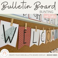 bulletin board with welcome signs and clothes pins hanging on the pegs in front of it