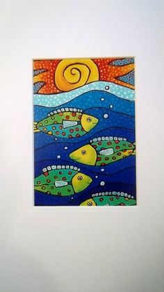 a painting on the wall of a room with fish swimming in water and sun above it