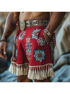 Men Shorts, Retro Casual Ethnic Style Shorts Bohemian Style Shorts Without Belt Summer Beach Boho Print Bottoms, Bohemian Short Beach Bottoms, Hippie Boho Print Vacation Bottoms, Bohemian Short Summer Bottoms, Bohemian Beach Pants With Pockets, Bohemian Pants With Pockets For Beach Season, Bohemian Boho Print Bottoms For Beach Season, Bohemian Beach Shorts, Bohemian Multicolor Pants For Beach Season