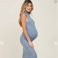 Never Worn! Light Blue Bodycon Maternity Dress. A Sleeveless, Ribbed Maternity Midi Dress With A Mock Neckline. Fitted Sleeveless Maternity Dress, Blue Sleeveless Summer Maternity Dress, Sleeveless Blue Maternity Dress For Summer, Fitted Sleeveless Midi Dress In Light Blue, Chic Sleeveless Maternity Dress, Light Blue Fitted Midi Sleeveless Dress, Blue Sleeveless Maternity Dress For Spring, Chic Sleeveless Maternity Midi Dress, Elegant Sleeveless Midi Dress For Maternity Wear