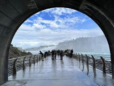 a group of people walking down a walkway next to the ocean