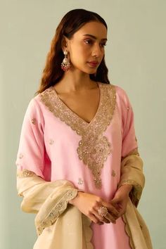 Shop for Angad Singh Pink Silk Kasab And Tilla Work Kurta Palazzo Set for Women Online at Aza Fashions Traditional Pink Tops For Reception, Pink Zari Work Top For Wedding, Straight Kurta Tops For Wedding And Eid, Eid Wedding Straight Kurta Top, Pink Wedding Top With Zari Work, Festive Pink Top With Intricate Embroidery, Pink Tops For Diwali Reception, Embroidered Pink Top For Eid, Pink Tops For Reception During Diwali