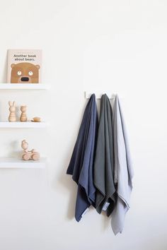 towels are hanging on the wall next to two white shelves and a teddy bear toy