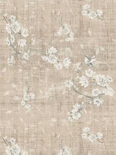 an old fashioned wallpaper with white flowers and leaves on the side, in neutral tones