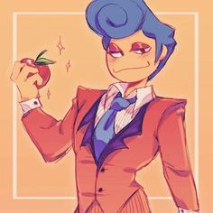 a drawing of a man in a suit and tie with an apple on his finger