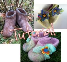 three pictures of slippers with flowers on them and the words tutor written in large letters