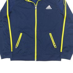 Item is in good used condition. >Size: 8 Years >Armpit To Armpit: 17" >Armpit To Cuff: 16" >Collar To Hem: 21" Blue Sporty Track Jacket With Ribbed Cuffs, Sporty Blue Track Jacket For Jogging, Casual Adidas Track Jacket For Training, Blue Long Sleeve Track Jacket For Jogging, Casual Blue Track Jacket For Gym, Blue Adidas Long Sleeve Track Jacket, Navy Sports Track Jacket With Ribbed Cuffs, Blue Adidas Logo Sportswear Track Jacket, Blue Adidas Sportswear Track Jacket