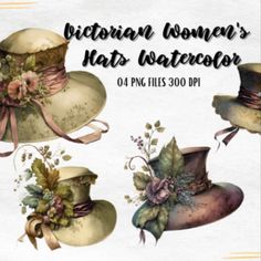 Victorian Women's Hats Watercolor Hats Women, Watercolor Graphic, Printable Illustrations, Victorian Women, Women's Hats, Creative Fabrica, Linux, Hats For Women, Click Here