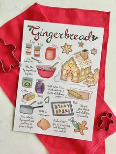 a card with gingerbreads on it next to cookie cutters and other items