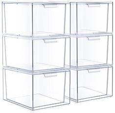 four clear storage bins stacked on top of each other