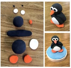 there is a penguin made out of felt and some other things to make it look like they are sitting on the ground