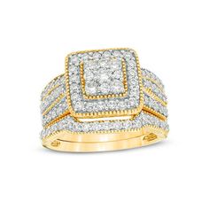 A brilliant celebration of your love, this sparkling vintage-inspired diamond bridal set symbolizes your unforgettable moments. Crafted in warm 10K gold, the engagement ring shimmers with a square diamond center composite wrapped in a squared frame of diamonds with intricate milgrain detailing around the edges. Along the shank, ribbons of diamonds and polished milgrain create a bold backdrop. On your wedding day, a coordinating contoured diamond and milgrain band seals your vows. Captivating wit Fine Jewelry Square Cut Diamond Ring For Wedding, Square Cut Diamond Ring For Wedding, Square Cut Diamond Wedding Ring, Wedding Square Cut Diamond Ring, Rectangular Diamond Ring With Halo Setting For Wedding, Yellow Gold Square Cut Diamond Wedding Ring, Rectangular Halo Diamond Ring For Wedding, Square Cut Diamond Ring With Halo Setting For Wedding, Square Cut Wedding Jewelry With Diamond Accents