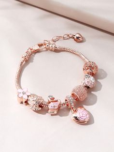 Rose Gold Fashionable   Copper  Link Embellished   Jewelry Charm Bracelets For Girls, Expensive Jewelry Luxury, Bracelet Pandora, Bracelets Design, Pandora Bracelet Charms