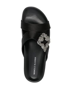 Manolo Blahnik Chilanghi Buckled Satin Slippers - Farfetch Satin Slippers, Slippers Black, Crystal Embellishment, Manolo Blahnik, Black Satin, Satin Finish, World Of Fashion, Calf Leather, Open Toe