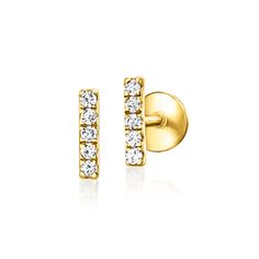 Ross-Simons - Diamond-Accented Bar Flat-Back Stud Earrings in 14kt Yellow Gold. RS Pure. Modern designs that complete your outfit and complement your personality. Perfectly petite and sparked with round diamond accents, our bar stud earrings are a must for your minimalist aesthetic. Crafted in 14kt yellow gold, this simple pushpin style features a flat back that won't poke or jab while you're taking a quick nap or getting a full night of beauty sleep. Insert the backing first into a pierced ear, Yellow Gold Diamond Earrings, Jewelry Presentation, Diamond Earrings For Women, Diamond Birthstone, Bar Stud Earrings, Bar Studs, Beauty Sleep, Gold Diamond Earrings, Buying Diamonds