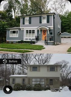 before and after pictures of a house in the snow