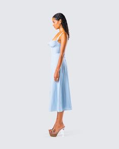 Feeling blue has never looked so cute 😌 With its dreamy hue and flowy silhouette, this dress featuring corset boning, a lace-up back, and a tie at the center bust is full of whimsy 💙 Corset Boning, Corset Midi Dress, Blue Corset, Black Off Shoulder, Graphic Top, White Jersey, Feeling Blue, Pocket Pants, White Mini Dress