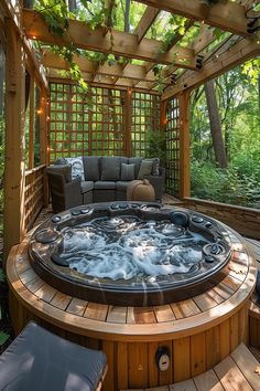 Cozy corner hot tub with wooden screens and soft lighting, creating an intimate and private outdoor spa experience. Corner Hot Tub, Backyard Getaway, Tub Enclosures