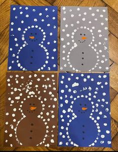 four different colored paper cut outs with penguins on them and dots in the background