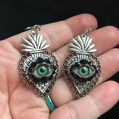 Silver Tone Sacred Heart Eyeball Earrings Jeweled Earrings As Gift, Natural Green Eyes, Eyeball Earrings, Eyeball Art, Fairy Drawings, Green Eye, Handmade Jewelry Earrings, Art Earrings, Funky Jewelry