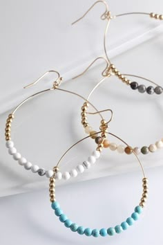 Delicate but WOW worthy, these earrings are so fun! - 1.75" diameter - Natural stone Hoop Earrings With Beads, Beaded Circle, Earrings With Beads, Travel Cake, Homemade Earrings, Diy Jewelry Earrings, Diy Bijoux, Beaded Earrings Diy, Diy Ornaments