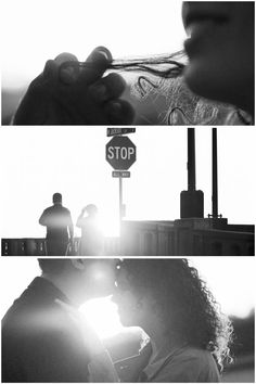 two different shots of people kissing in front of a stop sign and the sun shining down on them