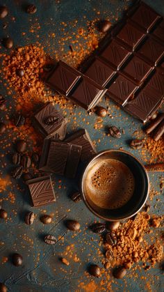 some chocolates and nuts on a table with one broken in half, while the other is scattered around them