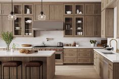 a kitchen filled with lots of wooden cabinets and counter tops