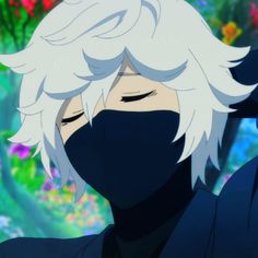 an anime character with white hair wearing a black face mask and looking at the camera