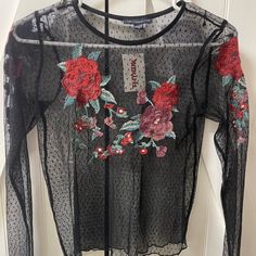 American Eagle Black Mesh Long Sleeve With Floral Design (Xs) Bought From Tjmaxx But Never Worn, Brand New With Tags Red Mesh Top For Spring, Red Sheer Tops For Spring, Red Sheer Top For Spring, Sheer Red Top For Spring, Black Crew Neck Mesh Top For Spring, Spring Black Crew Neck Mesh Top, Black Mesh Long Sleeve, Eagle Black, Striped Long Sleeve Tee