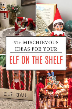 Mischievous elf on the shelf ideas showcasing a collection of funny elf scenes, including a candy cane jail and other playful displays. Milk Went Bad Elf On The Shelf, Elf On The Shelf Ideas Trees For Sale, Elf On The Shelf Restaurant Ideas, Elf Messy Ideas, Elf M&ms Shelf Ideas, Outrageous Elf On The Shelf Ideas, Simple Elf On A Shelf Ideas, Elf In Shelf Idea, Elf On The Shelf Ideas With Toilet Paper