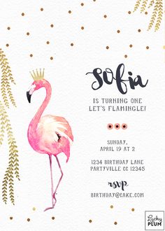 a pink flamingo birthday party card with gold confetti